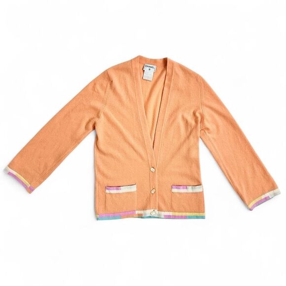 Vtg Chanel 99C Cruise 100% Cashmere Cardigan Peach FR36 CC Logo Button Old Money - Picture 9 of 11